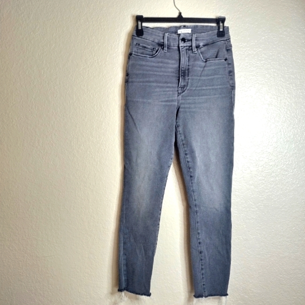 Good American high rise skinny raw hem wash black jeans sz 6/28